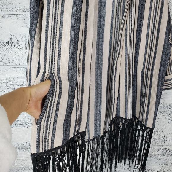 Zara Basic Neutral Striped 3/4 Sleeves Fringe Kimono Ecru Size Small - Picture 5 of 10